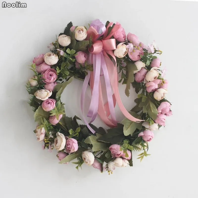 Purple camellia-A Европейские розы Пион Искусственные цветы венок висячая узорная гирлянда Перемычка настенный декоративный цветок дверной венок Свадебный декор - Цвет: Purple camellia-A
