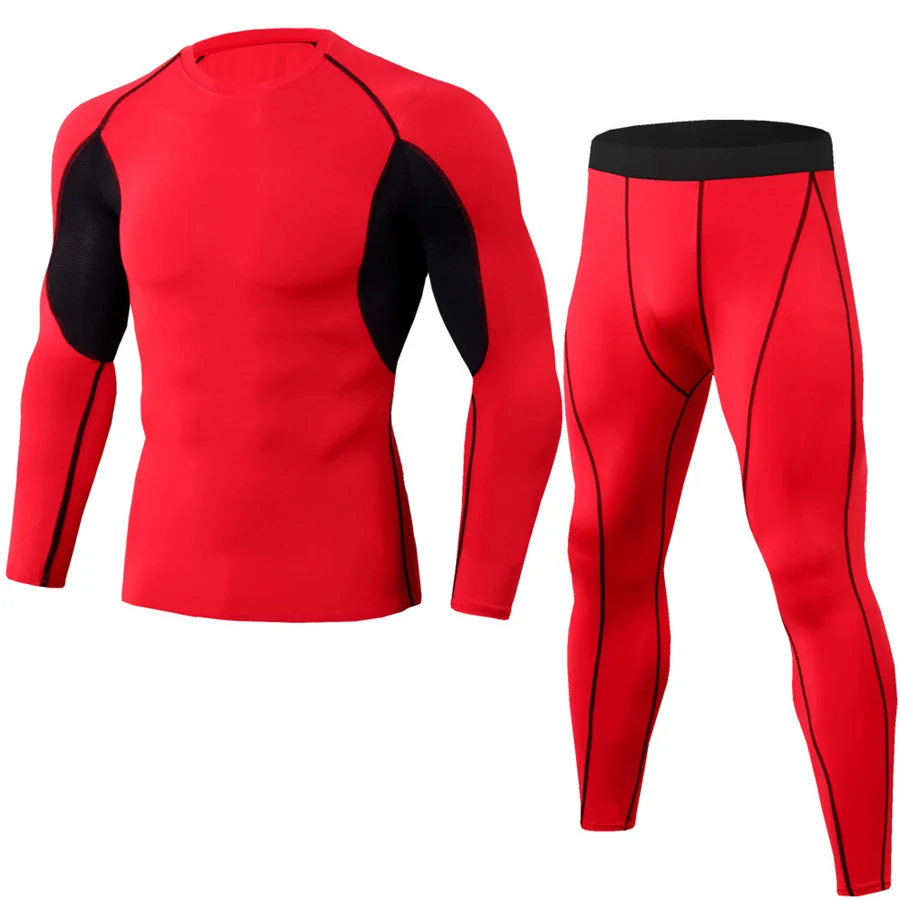 Компрессионный набор для бега, Мужская футболка с длинным рукавом+ штаны, быстросохнущие спортивные костюмы, спортивный костюм для бега, гимнастический костюм для йоги, Рашгард ММА