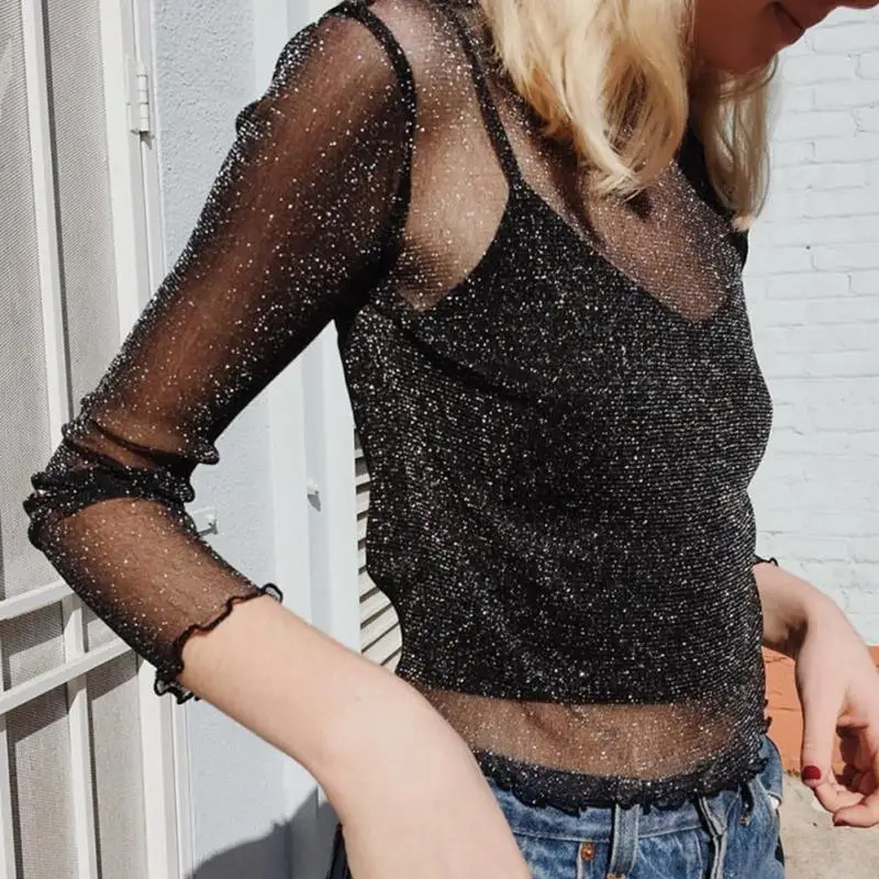 

Summer Mesh Ultrathin See-through Crop Shirt Women Round Neck Long Sleeve Sexy Tops Blouse Female