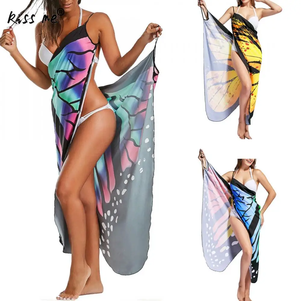 

Beach Wear Women Tunics Printed Cover Up Wrap Slip Beach Dress Praia Summer Bikini Cover Up Women Female One Size Butterfly