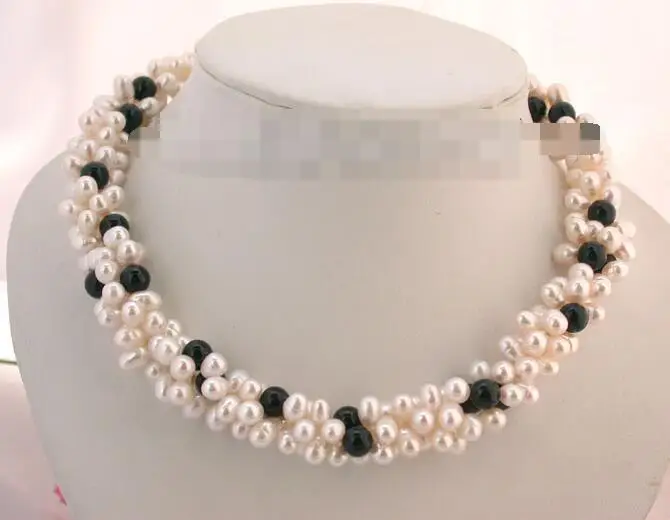 

3410 beautiful 3strands white pearl black agate necklace