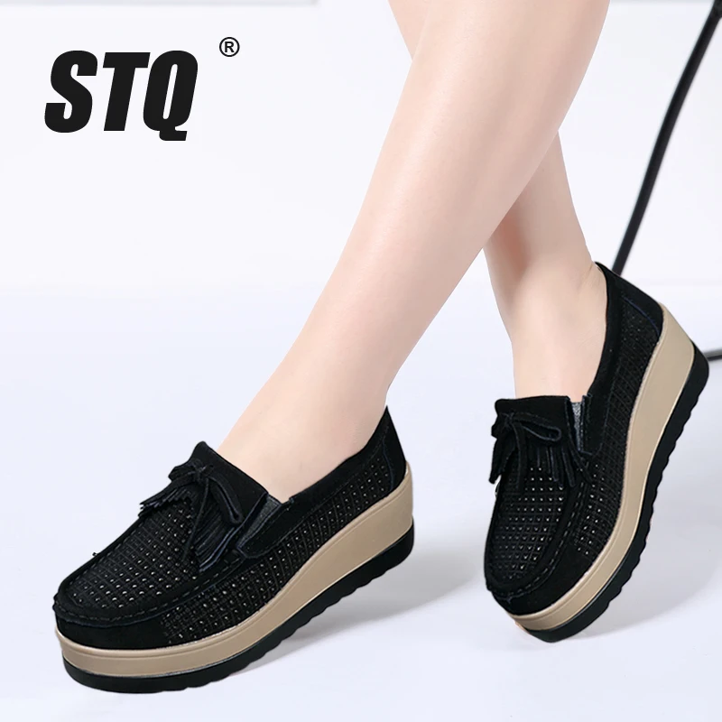 

STQ 2019 Autumn women flats ladies leather suede fringe platform shoes breathable cut-out boat shoes ladies oxfords shoes 9122