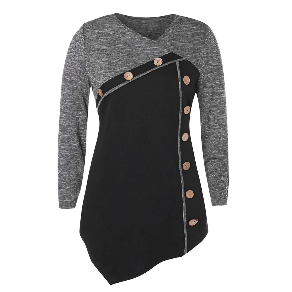 Women's Long Sleeve Plus Size Buttons Embellished Irregular Blouse Tops ...