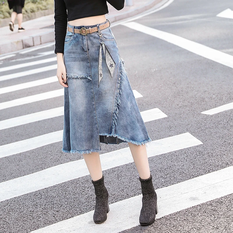 Весенняя Асимметричная джинсовая юбка женская летняя юбка с высокой талией и поясом с кисточками джинсы Midi уличная одежда Faldas размера плюс 4XL 5XL