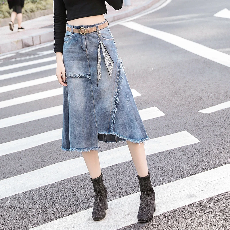 

Spring Irregular Denim Skirt Women's 2019 Summer High Waist Belted Tassel Skirts Midi Jeans Streetwear Faldas Plus Size 4XL 5XL