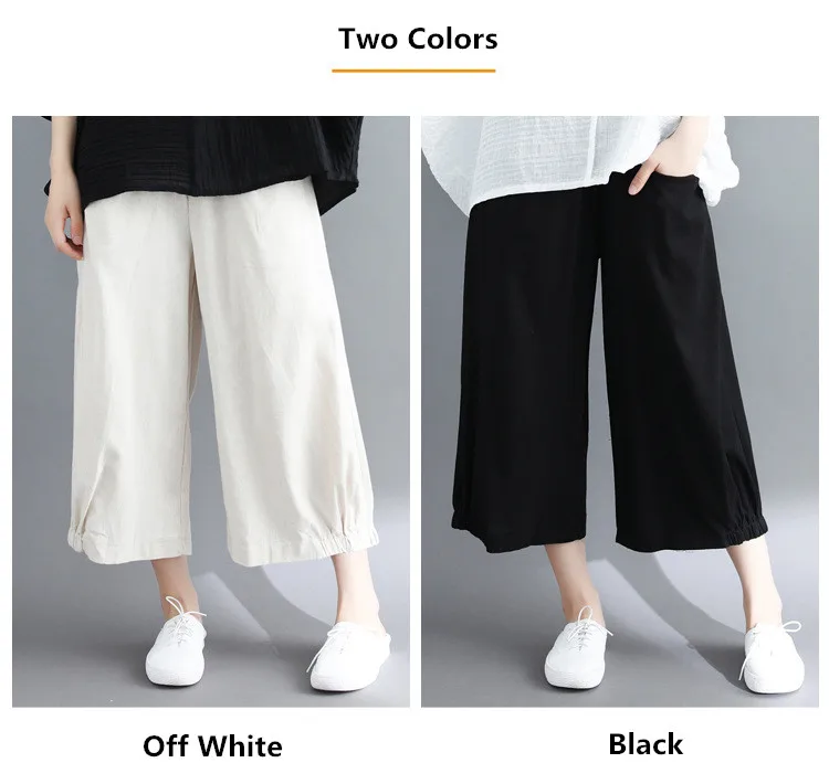  LZJN 2019 New Cotton Linen Soft Wide Leg Women Pants Elastic Waist Solid Color Summer Loose Trouser Plus Size Capris with Pocket (11)