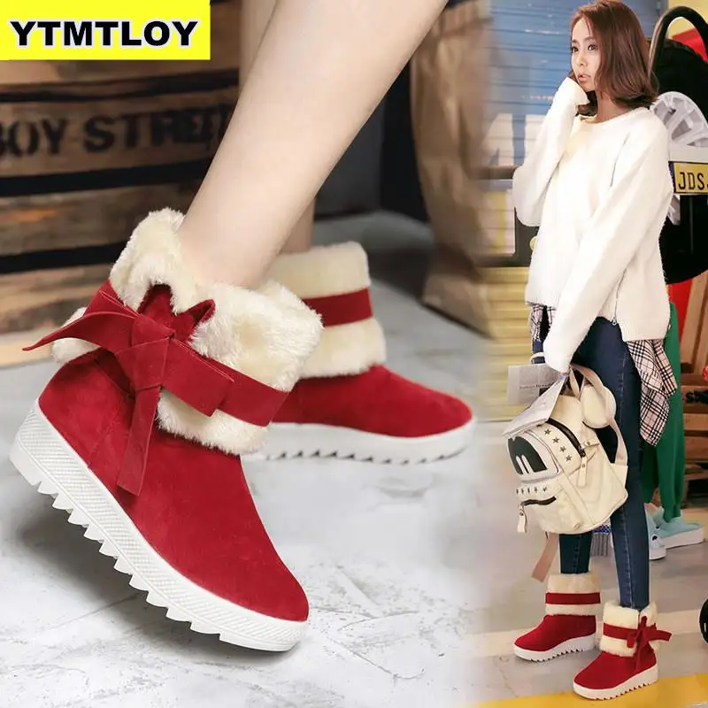 

2019 Women Snow Boots Warm Short Fur Plush Winter Ankle Boot ePlatform Ladies Suede Shoes Female Comfort Butterfly-knot