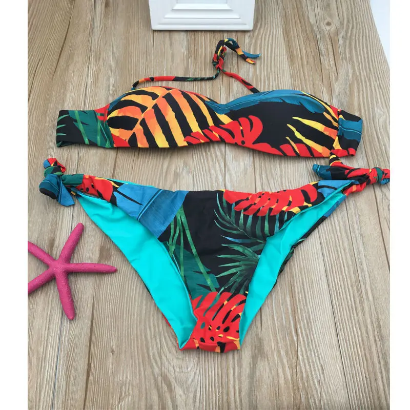 

New Low Waist Bikini Swimming Suit Bathing Suit For Women Wire Free Swimwear Biquini Printed Hanging neck strap Coconut leaves