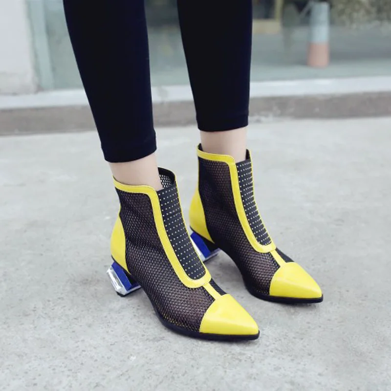 Summer Boots Shoes Woman 2018 Spring Fashion Mesh Ankle Boots For Women Patent Genuine Leather Color Block High Heels For Woman (15)