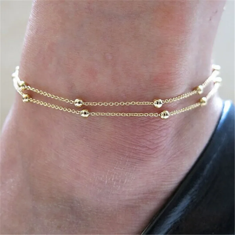 

Women Gold Filled Anklet Double Chain Bead Ankle Bracelet Pulseras Tobilleras Foot Jewelry Bracelet On A Leg Chaine Cheville