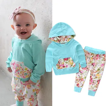 

2PCS Set Baby Boys Girls Warm Hooded Tops Cotton Flower Coat Pants Casual Outfits Floral Toddler Baby Girl Clothes