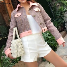 WHITNEY Ван Осенняя мода уличная Цвета контрастными пуговицами твидовый пиджак пальто Для женщин Офисные женские туфли Куртка Верхняя одежда WW-1843