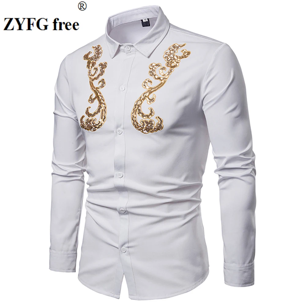 

High quality spring and summer men's long-sleeved shirt casual solid color chest gold lacework decoration shirts men clothing