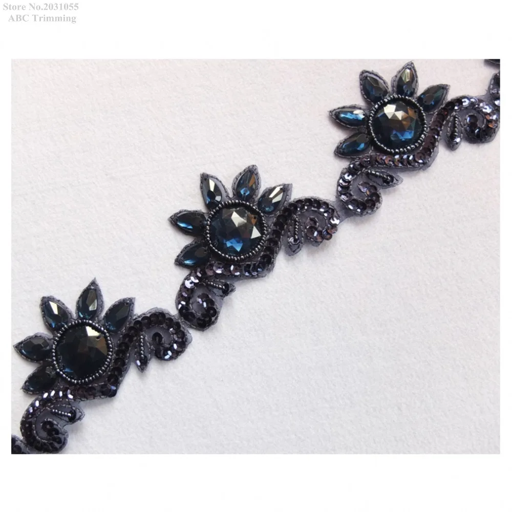 Free Shipping 1yd x Handsewn Navy Blue Sequined Beaded Stone Lace