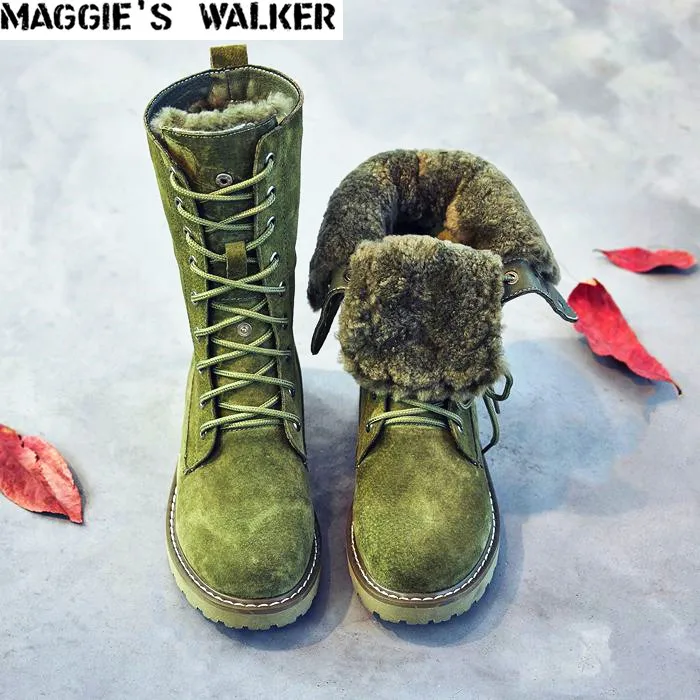 

Maggie's Walker Women Fashion Genuine Leather Pig Suede Boots Women Winter Warm Mid-calf Snow Boots Lacing Long Boots Size 35-40