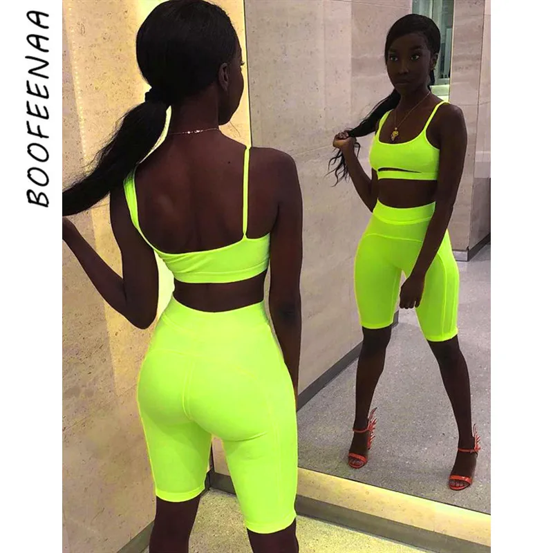 

BOOFEENAA Neon Green Orange Sexy 2 Two Piece Set Summer Clothes for Women Casual Matching Sets Crop Top Biker Shorts C87-AA70