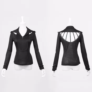 

New Steampunk Black Sexy Back Hollow Out V-Neck Long Sleeve Bodycon Women T-Shirt Gothic Fashion Women Tops Tee