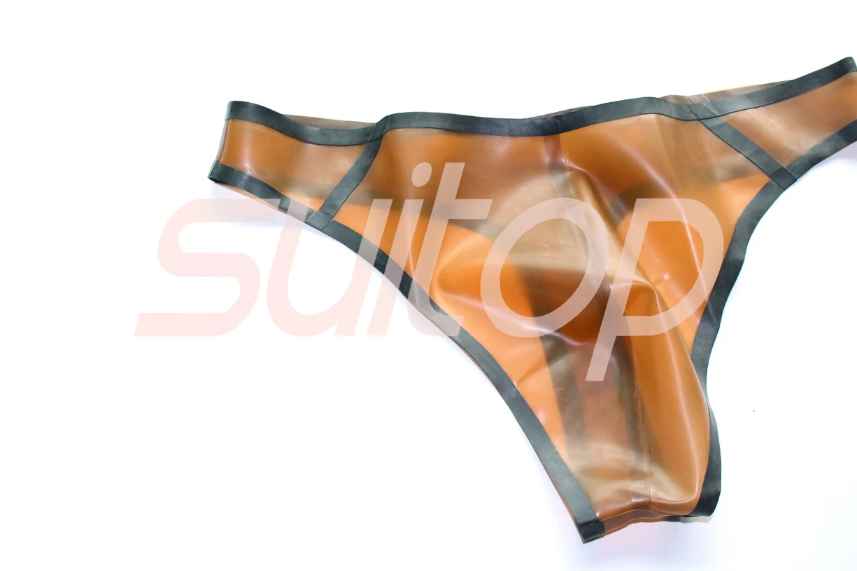 Men 's rubber latex briefs thong in trasparent brown and black