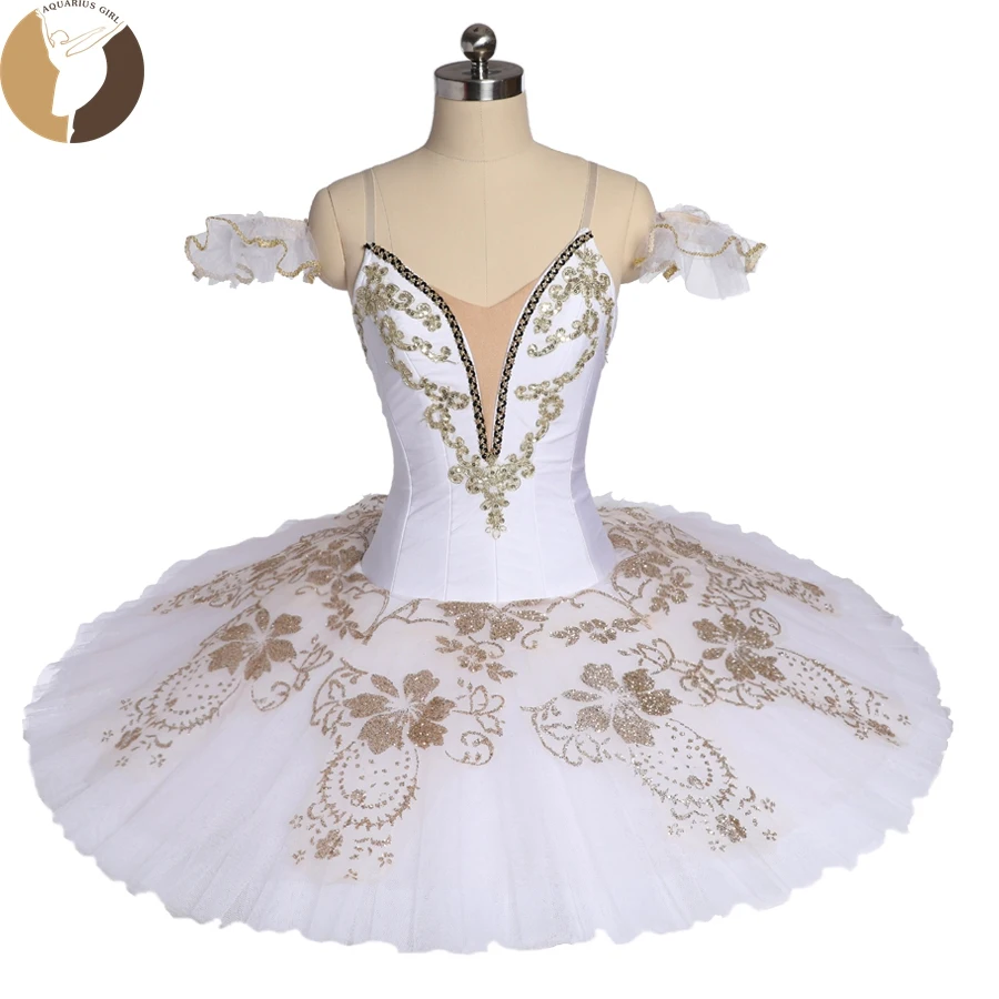 

FLTOTURE Adult Performance Ballet Pancake Tutus Child White Gold Dance Costumes CT9178 White Snow Ballet Competition Tutu Skirt
