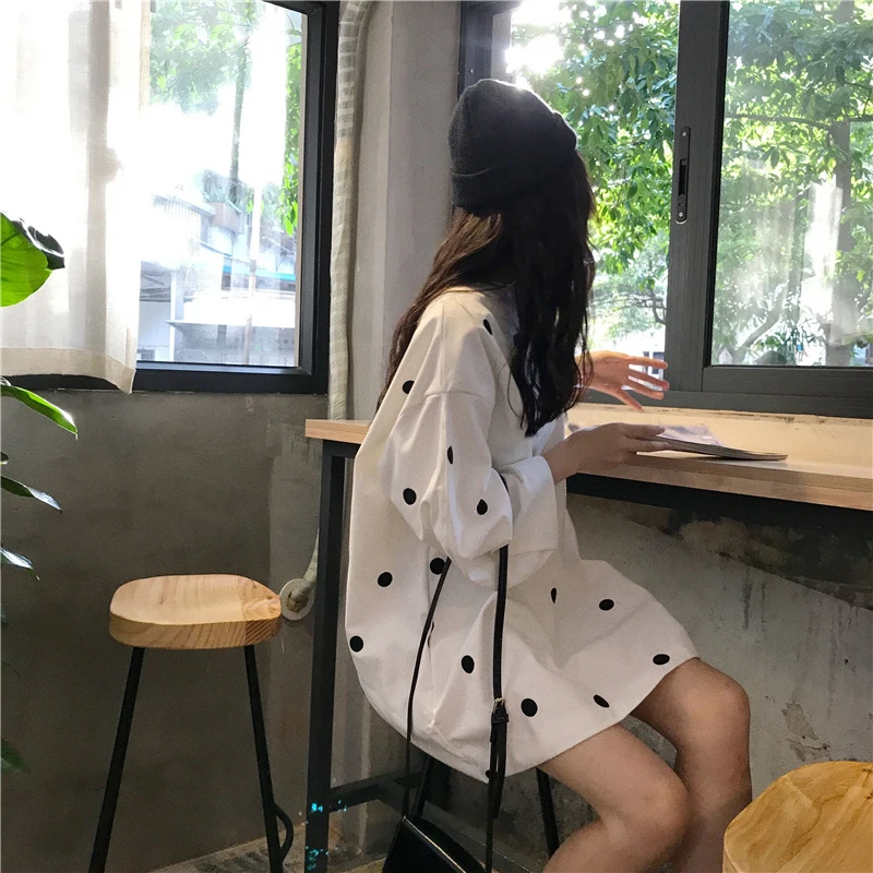 Hoodies Women O-Neck Puff Sleeves Dot Printed Loose Kawaii Simple All-match Korean Style Pullovers