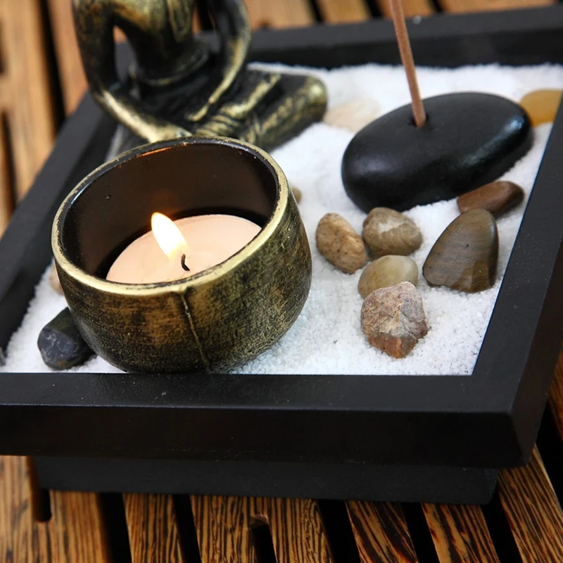 New Zen Garden Sand Kit Relax Spiritural Meditation Decor Buddha Tealight Holder