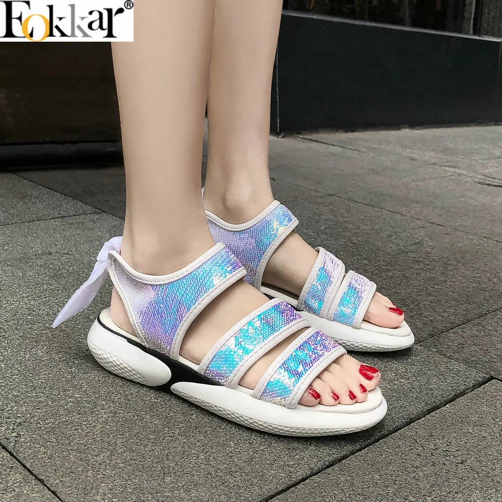 

Eokkar 2019 Open Toe Women Sandals Lace Bow Tie Thong Sandals Bling Wedges Heels Walking Shoes Black Flip Flop Big Size 33-46