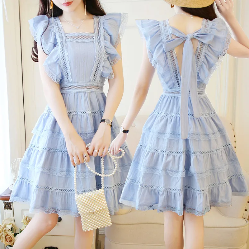 

Sweet Ruffles Hollow Out Lace Chiffon Dress 2019 Summer Women's Sleeveless Square Collar High Waist Vest Short Party Dress