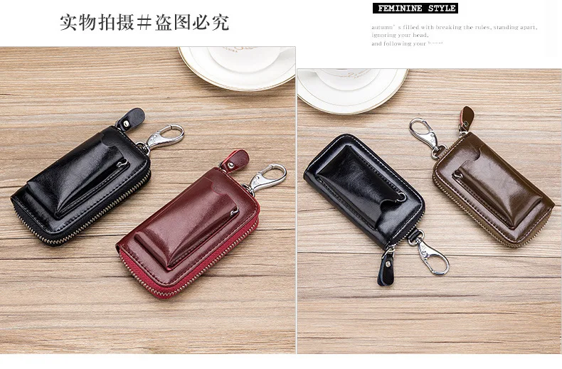 Split Cow Leather Key Pack for Men Women Fashion Zipper Multi-functional Automotive Remote Controller Home Key Holder Wallet