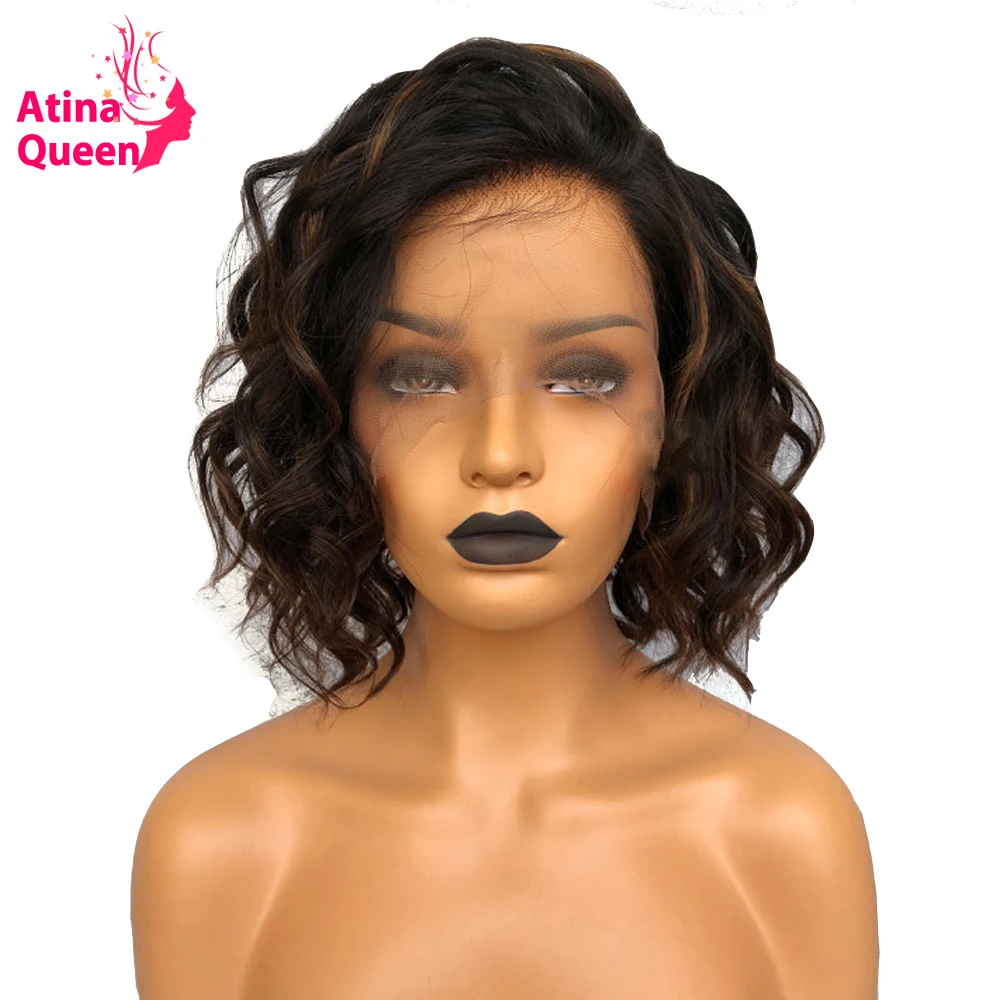 

Atina Queen Two Tone Ombre Bob Human Hair Wigs with Baby Hair Remy Glueless Black Brown Curly Short Bob Lace Front Wig For Women
