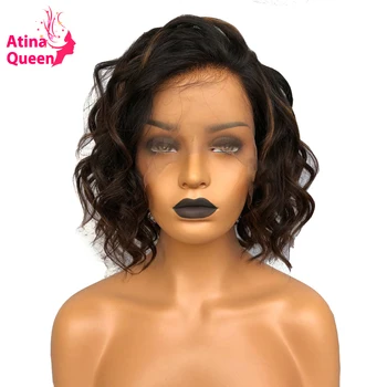 

Atina Queen Two Tone Ombre Bob Human Hair Wigs with Baby Hair Remy Glueless Black Brown Curly Short Bob Lace Front Wig For Women