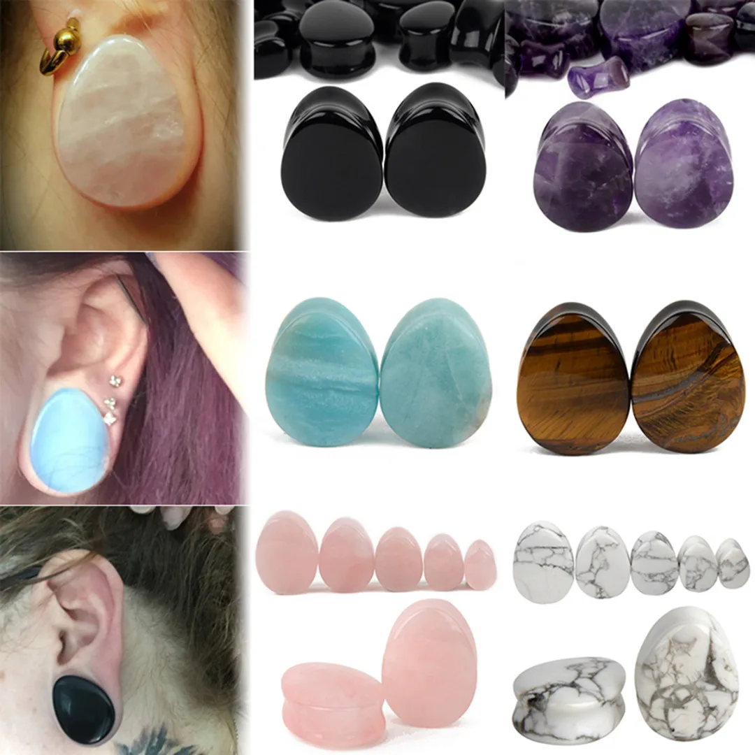 1 Pair Amethyst Natural Stone Teardrop Ear Plugs Tunnel Shellhard Gauges Ear Expanders Stretcher Fashion Body Pircings Jewelry