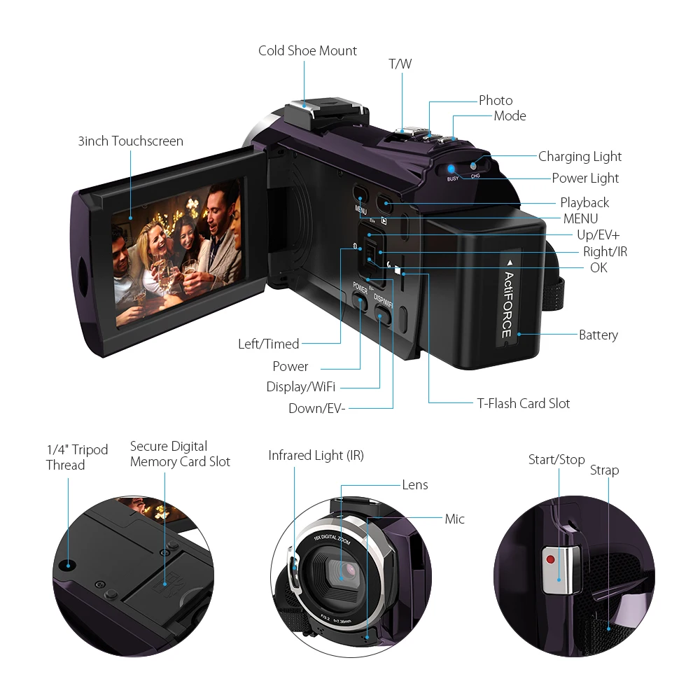 Andoer 4K 1080P 48MP WiFi цифровая видеокамера регистратор с внешним микрофоном ИК