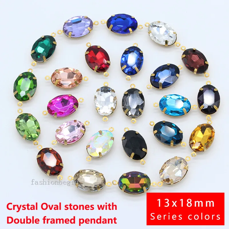 

20p 18x13mm oval crystal Rhinestone Framed glass Brass set pendants beads necklace earrings connectors 2 loops jewelry craft DIY