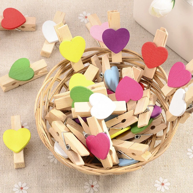 

50Pcs Mini Cute Love Photo Clip 3cm Wood Clip DIY Decorative Mixed Color Wedding Party Decoration Supplies