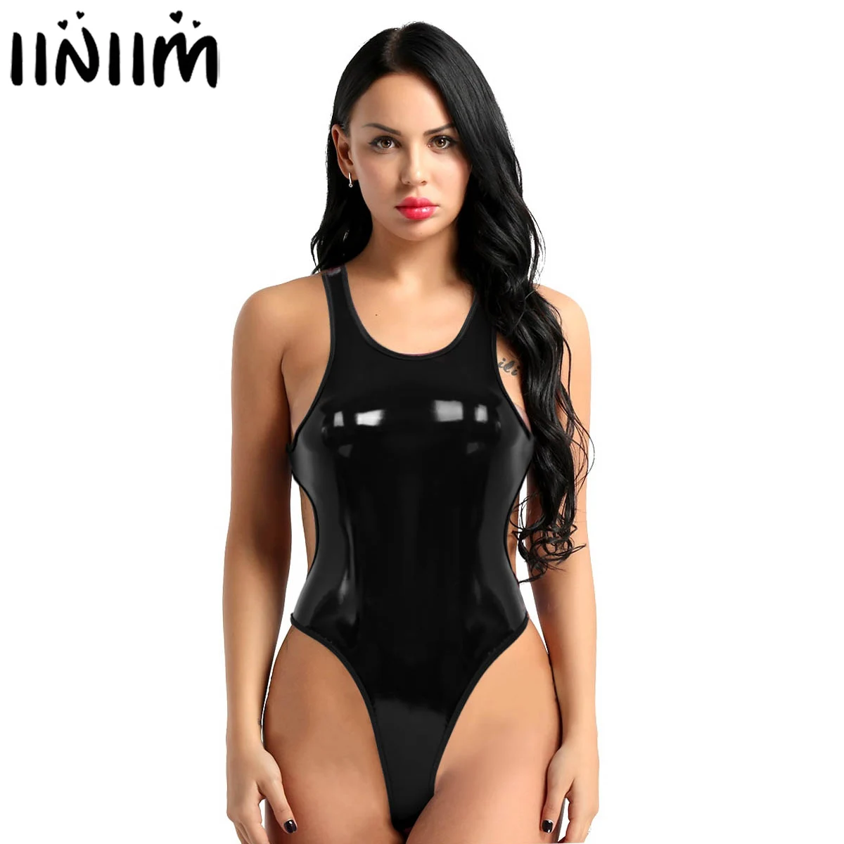 

Women Adults Erotic One-piece Jumpsuit Wetlook PU Leather Sleeveless Backless High Cut Tank Thong Leotard Nightwear Bodysuit