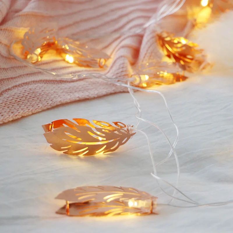 Rose Gold Feather Lantern String Lights 10/20LED USB & Battery Powered Copper Metal Outdoor String Light for Party Bedroom Decor