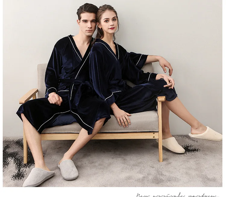 Men Women's Sleep Lounge Robes Gold Velvet Autumn Nightgrowns Couple Robe Bathrobe Male Female Dressing Gown Lounge Homewear 8