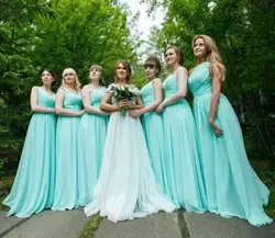 Плиссированное шифоновое платье подружки невесты в крестьянском стиле Зеленая мята 2018 длинные Свадебная вечеринка платье Вечерние платья