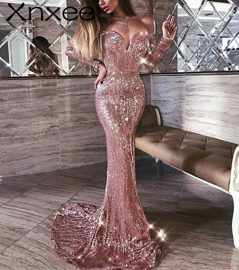 

Xnxee Bodycon Maxi Dress Sequined Vsetidos V Neck Off Shoulder Backless Floor Length Evening Party Women Dresses Clothing