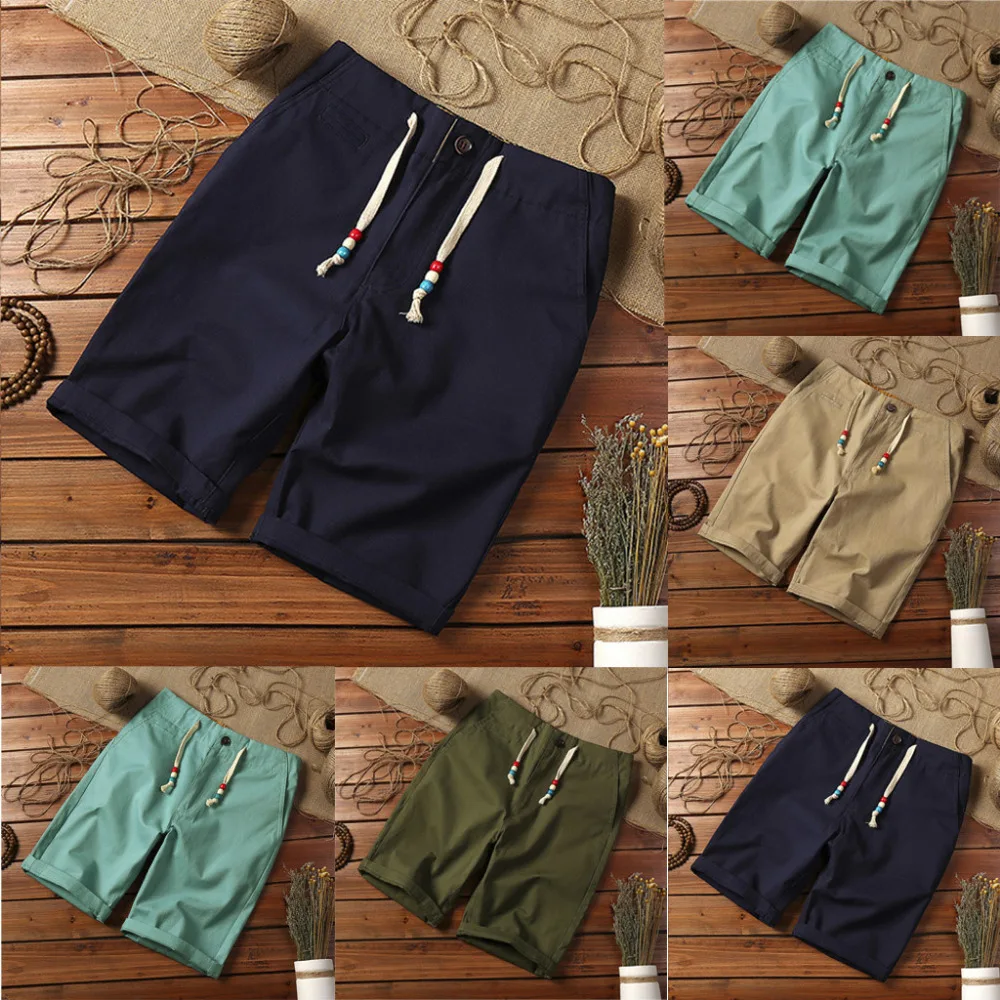 Мужские модные летние повседневные тонкие удобные карманы на шнурке однотонные хлопковые льняные мужские шорты 4 цвета на выбор L0228