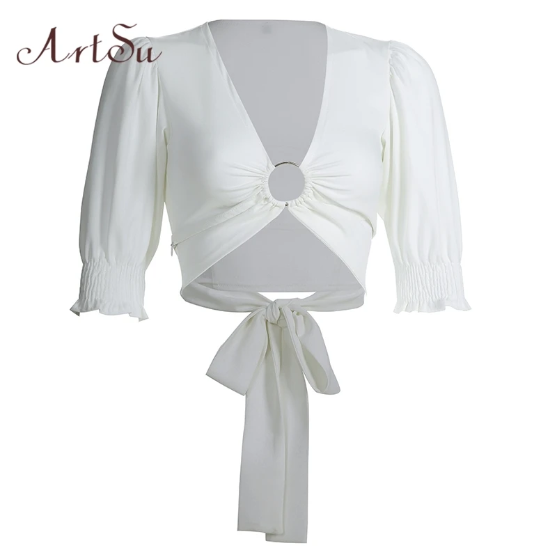 

ArtSu Elegant Vintage Woman Tshirt Top Short Sleeve White Sexy Ladies T Shirt Crop Tops Tees V Neck Tee Shirt Femme ASTS21041