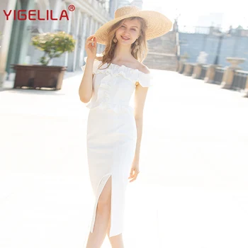 

YIGELILA 2019 Fashion Women White Bodycon Party Dress Summer Solid Slash Neck Off Shoulder Ruffles Empire Split Long Dress 64089