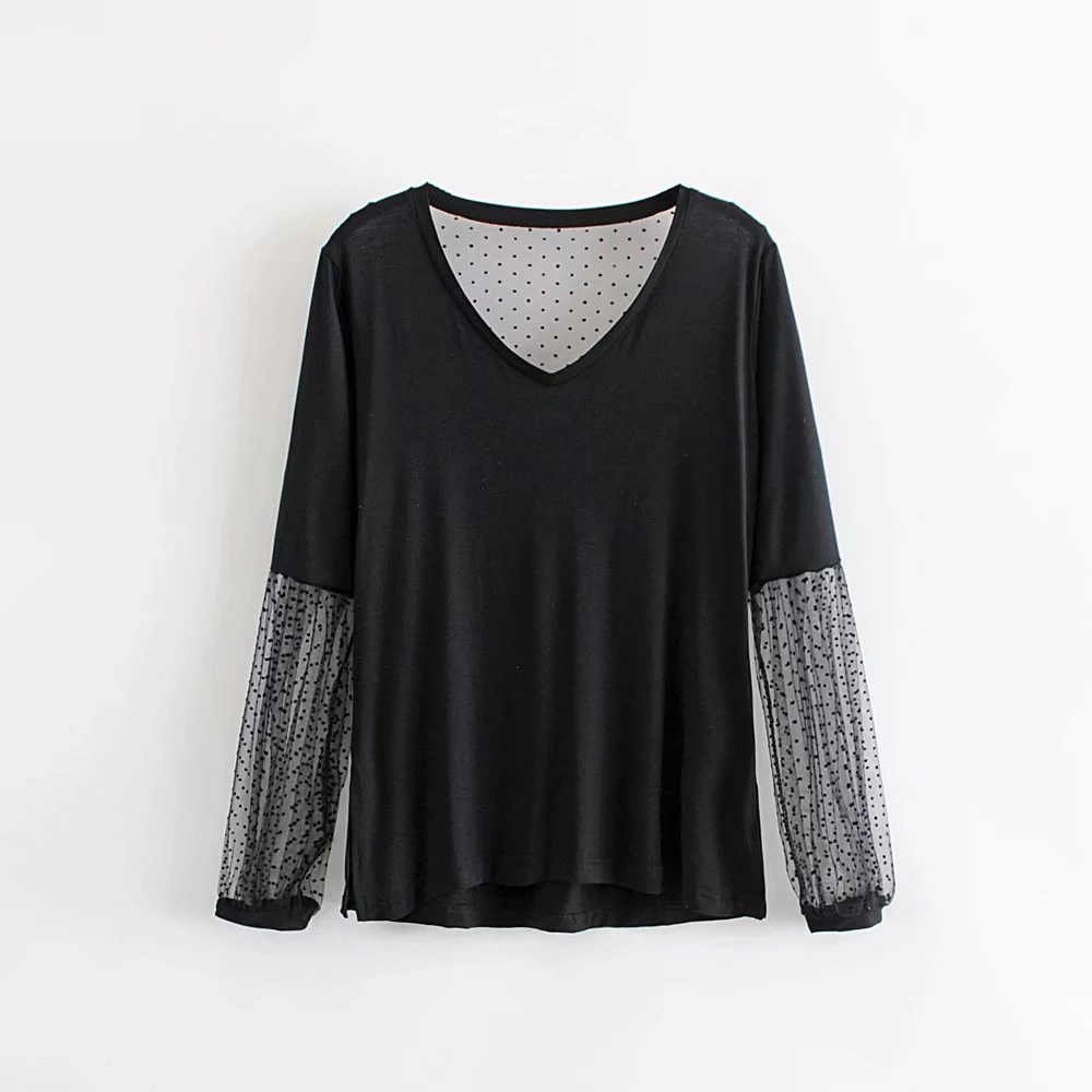 

2019 Women Fashion Za Black Transparent Blouse Spring Summer Sweet Girl Mesh Sleeve Dot Print Street-wear Tops Shirts blusas muj