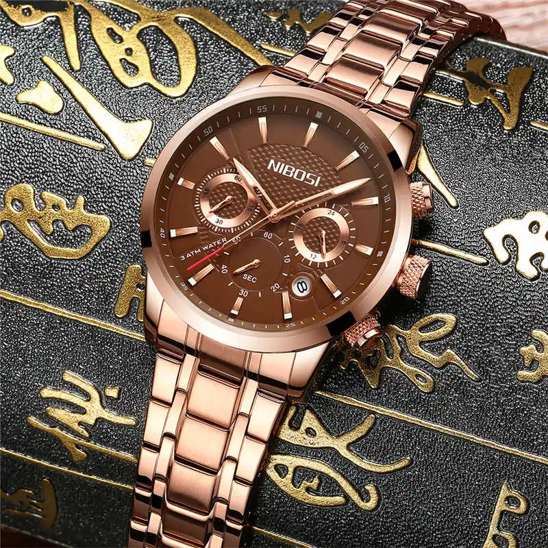 

Nibosi Quartz Wristwatches Men Watch Stainless Steel Display Complete Calendar Clock Man Brown Men Watches 2018 Luxury