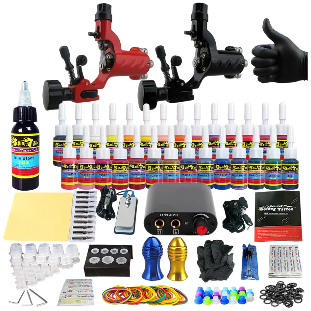 

Solong Tattoo Complete Tattoo Kit for Beginner Starter 2 Pro Machine Guns 28 Inks Power Supply Needle Grips Tips TK204-16