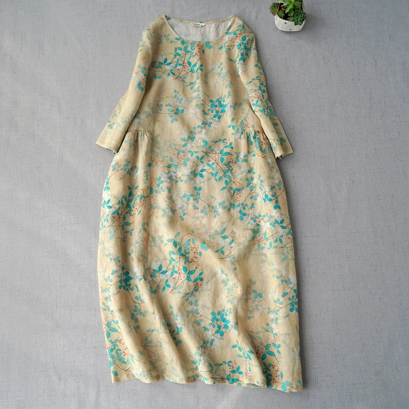 

Summer New Arrivals Women Loose Mori Girls Sweet Rustic Print Comfortable Breathable Thin Ramie Pullover Long Dresses 3 Colors