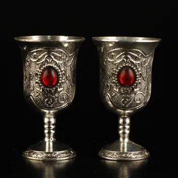 

2.8" 4pcs SUPERB TIBET SILVER INLAID RUBY GOBLET WINE CUP red Jade Wine Cup Decoration 100% real Tibetan Silver Brass
