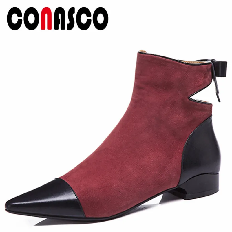 

CONASCO Brand Women Party Wedding Ankle Martin Boots Autumn Winter Warm Patchwork Shoes Pointed Toe Butterfly Knot Shoes Woman