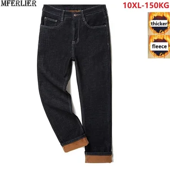 

winter fleece jeans mens plus big size 9XL 10XL pants large jeans thick warm 48 50 52 Elasticity 8XL black pants for men 150KG