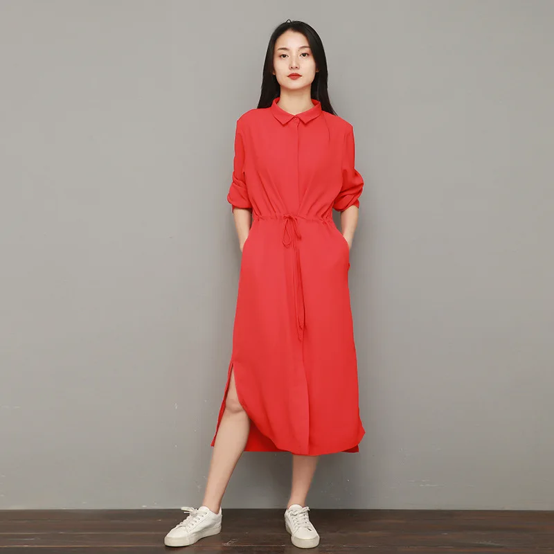

Johnature Women Bandage Shirt Dress A-Line High Waist Solid Color Long Sleeve 2019 Spring New Casual Women Cloths Fashion Dress